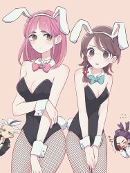  2boys 2girls animal_ears bare_shoulders black_hair black_leotard blush bow bowtie braid breasts brown_eyes brown_hair cleavage closed_eyes closed_mouth commentary_request detached_collar drayton_(pokemon) eyelashes fake_animal_ears gloves hair_ornament highres jacket juliana_(pokemon) kieran_(pokemon) lacey_(pokemon) leotard long_hair long_sleeves multicolored_hair multiple_boys multiple_girls open_clothes open_mouth pink_hair playboy_bunny pokemon pokemon_sv purple_hair rabbit_ears rabbit_tail red_gloves shinogo_no shirt short_hair smile strapless strapless_leotard tail two-tone_hair white_hair white_jacket white_shirt wrist_cuffs yellow_eyes 