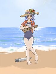  barefoot beach blue_hair blue_sky blush day female flower full_body hat hat_flower hawaiian_shirt holding holding_instrument horizon i-19_(kancolle) instrument jibakurei_(elite_unchi) kantai_collection long_hair looking_at_viewer music ocean oerba_yun_fang open_clothes open_mouth open_shirt outdoors playing_instrument red_eyes red_shirt school_swimsuit shirt short_sleeves skin_fang sky smile solo standing standing_on_one_leg straw_hat sunflower swimsuit torpedo tri_tails ukulele 