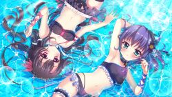  2girls aqua_eyes arm_garter arm_up armpits bikini bikini_skirt black_bikini black_flower black_hair black_hairband blue_bikini blue_hair blue_ribbon breasts bridal_garter cleavage closed_mouth dot_nose film_grain flower flower_hairband frilled_bikini frills from_above game_cg hair_ornament hairband hand_up highleg highleg_bikini honjou_kasumi ichikishima_mizuha izumi_tsubasu layered_bikini lens_flare long_hair looking_at_viewer lying medium_breasts medium_hair multiple_girls navel non-web_source official_art on_back parted_lips partially_submerged pink_ribbon purple_eyes re:stage! ribbon single-shoulder_bikini smile sparkle strapless strapless_bikini sunlight swimsuit wet wrist_ribbon 