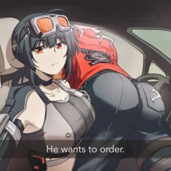  1boy ahoge ass bare_shoulders billy_kid black_choker black_hair black_pants breasts car_interior choker crop_top english_commentary female goggles goggles_on_head grace_howard harashu_(harashu96) he_wants_to_order_(meme) highres jacket large_breasts looking_at_viewer medium_hair meme midriff orange_eyes pants red_jacket sports_bra steering_wheel upper_body zenless_zone_zero 