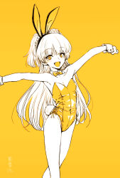  animal_ears bare_shoulders bow bowtie detached_collar dokuromaru female flat_chest highres idolmaster idolmaster_cinderella_girls jougasaki_rika leotard long_hair looking_at_viewer monochrome oerba_yun_fang open_mouth outstretched_arms playboy_bunny rabbit_ears rabbit_tail smile solo spread_arms tail two_side_up yellow_theme 