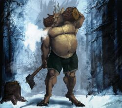  2023 anthro axe belly big_belly body_hair bottomwear breath chest_hair clothing deer hairy_belly hi_res holding_object kent_(pacific_coyote) male mammal musclegut muscular navel pacific_coyote painting_(artwork) plant shirtless shorts signature snow solo stomach_bulge thick_thighs tree winter wood 