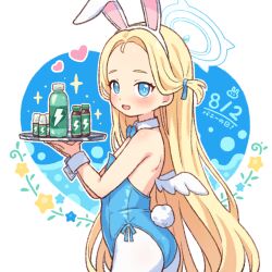  angel_wings animal_ears ass blonde_hair blue_archive blue_bow blue_bowtie blue_eyes blue_ribbon blush bow bowtie bunny_day commentary_request dated detached_collar energy_drink fake_animal_ears fake_tail flat_chest forehead hair_ribbon halo heart holding holding_tray long_hair looking_at_viewer onyhakase open_mouth pantyhose playboy_bunny rabbit_ears rabbit_tail ribbon smile sora_(blue_archive) sparkle star_(symbol) tail tray white_background white_pantyhose wings wrist_cuffs 