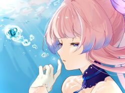  bare_shoulders blue_choker blue_eyes blue_hair choker clad_(hoho718718) female genshin_impact gloves gradient_hair long_hair multicolored_hair parted_lips pink_hair portrait sangonomiya_kokomi solo underwater white_gloves 