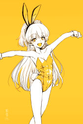  animal_ears bare_shoulders dokuromaru female flat_chest highres idolmaster idolmaster_cinderella_girls jougasaki_rika leotard long_hair looking_at_viewer monochrome oerba_yun_fang open_mouth outstretched_arms playboy_bunny rabbit_ears rabbit_tail smile solo spread_arms tail two_side_up yellow_theme 