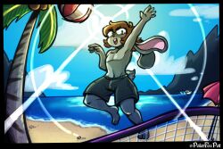  anthro ball beach blue_body blue_fur brown_hair clothing eyewear floppy_ears fluffy fluffy_tail fur glasses green_eyes hair hi_res jumping lagomorph lens_flare leporid looking_at_viewer male mammal net palm_tree parasol plant polarfoxpat rabbit scoped_(thescopedyoshi) shirtless_male solo sport sun swimming_trunks swimwear tail tree volleyball volleyball_(ball) volleyball_net 