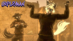  akuma_(domibun) anthro assault_rifle battlefield canid canine canis duo fox gun handgun kolt_(domibun) male male/male mammal pistol playful_face ranged_weapon rifle ringtail_sfm shocked tactical tactical_gear teasing warfare_machine weapon wolf 