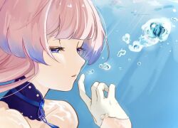  bare_shoulders blue_choker blue_eyes blue_hair choker clad_(hoho718718) female genshin_impact gloves gradient_hair long_hair multicolored_hair parted_lips pink_hair portrait sangonomiya_kokomi solo underwater white_gloves 