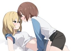  2girls black_shorts blonde_hair blue_shorts blush breasts brown_eyes brown_hair closed_mouth commentary grey_eyes grey_hair hair_between_eyes hand_on_another&#039;s_stomach hashtag-only_commentary highres kouzuki_mahiru long_hair long_sleeves multicolored_hair multiple_girls open_mouth shirt short_hair short_sleeves shorts sidelocks simple_background small_breasts straddling streaked_hair venus_(ehenyyy) white_background white_shirt yamanouchi_kano yoru_no_kurage_wa_oyogenai yuri 