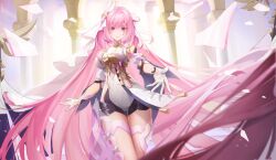  atbn black_shorts breasts bridal_legwear bridal_veil clothing_cutout commentary corset cowboy_shot crystal_shards detached_sleeves elysia_(herrscher_of_human:_ego)_(honkai_impact) elysia_(honkai_impact) english_commentary female gloves hair_between_eyes honkai_(series) honkai_impact_3rd large_breasts long_hair looking_at_viewer offering_hand outdoors pink_hair purple_eyes purple_sky short_shorts short_sleeves shorts side_cutout sky thighs veil very_long_hair white_corset white_gloves white_veil 