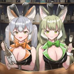  2girls alcohol animal_ears bottle bow bowtie cat_ears cat_girl extra_ears fox_ears fox_girl glass green_eyes grey_hair highres island_fox_(kemono_friends) jungle_cat_(kemono_friends) kemono_friends kemono_friends_v_project leotard long_hair multiple_girls playboy_bunny rabbit_ears sake_bottle shirotsu116478 sleeveless twintails virtual_youtuber wrist_cuffs yellow_eyes 