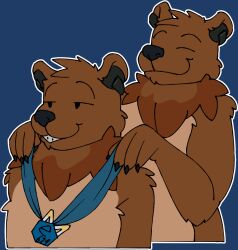  2024 4_fingers anthro bear bearphones blue_background brown_bear brown_body brown_fur claws duo e621 electronics fingers fur grizzly_bear headphones male mammal medal meme neck_tuft obama_awards_obama_a_medal outline phol simple_background smile square_crossover tuft ursine white_outline 