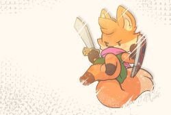  canid canine chibi clothing fox gingy_k_fox mammal melee_weapon ruin_seeker scarf shield shirt sword topwear tunic tunic_(video_game) weapon 