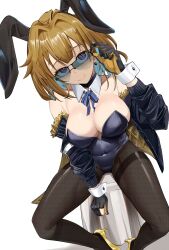  absurdres alternate_costume animal_ears backless_leotard black_choker black_gloves black_jacket black_leotard black_pantyhose breasts bunny_day choker cleavage closed_mouth commentary_request covered_navel detached_collar fake_animal_ears female full_body fur-trimmed_jacket fur_trim girls&#039;_frontline gloves grizzly_mkv_(girls&#039;_frontline) hair_intakes highres jacket kuzumotsu leotard light_brown_hair medium_hair off_shoulder open_clothes open_jacket pantyhose partially_fingerless_gloves playboy_bunny purple_eyes rabbit_ears simple_background sitting smile solo sunglasses two-tone_gloves white_background wrist_cuffs yellow_gloves 