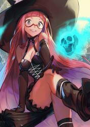  @_@ breasts cleavage closed_umbrella elbow_gloves female floating_skull glasses gloves hat hinoru_saikusa large_hat leotard long_hair looking_at_viewer pink_hair red-framed_eyewear semi-rimless_eyewear sitting skull smile solo thighs umbrella under-rim_eyewear under_night_in-birth under_night_in-birth_2_sys:celes uzuki_(under_night_in-birth) very_long_hair 