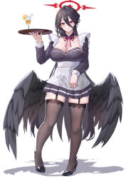  absurdres alternate_costume black_dress black_hair black_pantyhose black_wings blue_archive breasts cleavage dress female full_body hair_between_eyes halo hasumi_(blue_archive) highres holding holding_tray huge_breasts juice kaijiba large_breasts long_hair looking_at_viewer low_wings maid orange_juice pantyhose red_eyes skindentation solo tray very_long_hair white_background wings zettai_ryouiki 