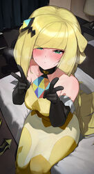  1girls 2022 :o alternate_costume alternate_hairstyle bangs bare_shoulders big_breasts black_gloves blonde_hair blunt_bangs blush breasts clothed double_v elbow_gloves eye_contact eyebrows_visible_through_hair eyelashes eyelashes_visible_through_hair feet_out_of_frame female female_only fully_clothed game_freak gloves green_eyes hair_ornament hairclip hi_res high_resolution highres hizake indoors kashu_(hizake) lamp large_breasts leaning_forward light-skinned_female light_skin long_hair looking_at_viewer looking_up lusamine_(pokemon) nintendo off_shoulder on_bed open_mouth peace_sign pokemon pokemon_(game) pokemon_masters pokemon_sm posing room shiny_hair sidelocks sitting sitting_on_bed solo solo_female steamy_breath sweatdrop sygna_suit_lusamine v very_long_hair viewed_from_above wide_eyed wide_hips 