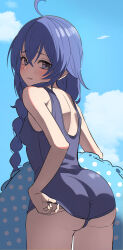  absurdres adjusting_clothes adjusting_swimsuit ahoge ass blue_eyes blue_hair blue_one-piece_swimsuit blue_sky blush braid breasts cloud cowboy_shot crossed_bangs day embarrassed female furrowed_brow hair_between_eyes highres innertube long_braid long_hair looking_at_viewer mushoku_tensei nemu_(jdgz3357) old_school_swimsuit one-piece_swimsuit outdoors parted_lips roxy_migurdia school_swimsuit sky small_breasts solo standing swim_ring swimsuit turning_head very_long_hair 