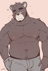  1boy abs animal_ears bara bear_boy bear_ears beard belly brown_fur cowboy_shot facial_hair full_beard furry furry_male highres huge_eyebrows large_pectorals looking_at_viewer love_handles male_focus muscular muscular_male nipples one_eye_closed original pectorals siki_sai_ken sleepy solo squeans standing strongman_waist topless_male 