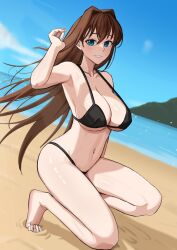  absurdres alternate_costume aozaki_aoko arm_up armpits barefoot beach bikini black_bikini blue_eyes blue_sky blurry blurry_background blush breasts brown_hair collarbone crossed_bangs day dutch_angle eyelashes feet female hair_between_eyes hair_intakes highres kneeling kuon_bb large_breasts legs long_hair looking_at_viewer mahou_tsukai_no_yoru micro_bikini navel outdoors sky smile solo stomach swimsuit thighs toenails toes very_long_hair 