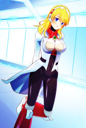  alia_(mega_man) arms_behind_back blonde_hair blue_eyes breasts coat female highres indoors lab_coat large_breasts looking_at_viewer medium_hair mega_man_(series) mega_man_x_(series) rikka_(user_hruv2435) robot_girl smile solo white_coat 