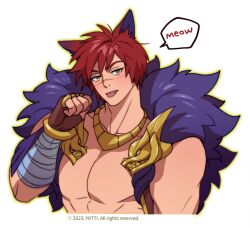  1boy bara blush clenched_hand cropped_torso fang_out jewelry large_pectorals league_of_legends male_focus meowing muscular muscular_male necklace oerba_yun_fang pectorals red_hair sanpaku scar scar_on_face scar_on_nose sett_(league_of_legends) short_hair solo tongue tongue_out yotti 