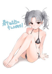  amuzaki_romu barefoot bikini black_bikini blush breasts brown_eyes dai_(series) daiakuji female full_body grey_hair looking_at_viewer side-tie_bikini_bottom sitting small_breasts smile solo swimsuit takega_satsu toes twintails 