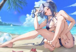  azur_lane ball bare_shoulders barefoot beach beachball bikini black_bikini blue_nails blue_sky blush boat breasts chkalov_(azur_lane) chkalov_(seaside_sunset)_(azur_lane) cloud crab feet female foreshortening grey_hair halterneck highres large_breasts long_hair looking_at_viewer mole mole_under_eye navel ocean official_alternate_costume orange_eyes outdoors palm_leaf palm_tree ropi_(yyuichi29) sailboat sand sky soles solo sunglasses swimsuit toes tree very_long_hair water watercraft 