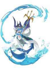  absurdres ancientmermaimon blue_bodysuit bodysuit breasts cleavage cleavage_cutout clothing_cutout digimon digimon_(creature) female grey_hair highres holding_trident liecomj long_hair medium_breasts mermaid monster_girl navel simple_background solo stomach_cutout water white_background 