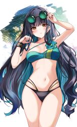  absurdres bare_legs bare_shoulders bikini black_bikini_bottom black_hair blue_hair bracelet eyewear_on_head fate/grand_order fate_(series) female green_bikini hands_on_eyewear highres jewelry long_hair looking_at_viewer one-piece_swimsuit round_eyewear shibakame single-shoulder_bikini solo studded_bracelet sunglasses swimsuit tenochtitlan_(cactus_city)_(fate) tenochtitlan_(fate) turtleneck turtleneck_one-piece_swimsuit wavy_hair 