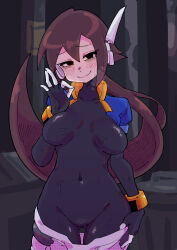  absurdres aile_(mega_man_zx) black_bodysuit black_eyes blue_jacket blurry blurry_background blush bodysuit bodysuit_under_clothes breasts breath brown_hair buzzlyears clothes_pull cowboy_shot cropped_jacket female highres jacket large_breasts long_hair mega_man_(series) mega_man_zx mega_man_zx_advent ok_sign open_clothes open_jacket ponytail robot_ears shorts shorts_pull smile solo sweat trash_can white_shorts 