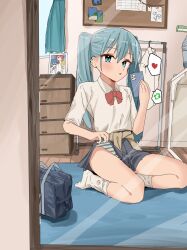  akita_neru aqua_eyes aqua_hair bag blue_bag blue_carpet blue_panties blue_skirt bow bowtie cabinet cellphone clothes_around_waist clothes_lift curtains ear_piercing female hatsune_miku heart highres holding holding_phone indoors kasane_teto long_hair loose_socks mirror on_floor panties panty_peek phone photo_(object) piercing pleated_skirt raruraru red_bow red_bowtie seiza selfie shirt shoulder_bag sitting skirt skirt_lift smartphone socks solo speech_bubble spoken_heart striped_underwear sweater sweater_around_waist triple_baka_(vocaloid) twintails two-tone_panties underwear unworn_shirt utau vocaloid white_panties white_shirt white_socks window wooden_floor 