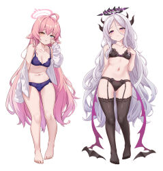  2girls 3: ahoge alternate_costume ass_visible_through_thighs bare_legs barefoot black_bra black_panties black_thighhighs blue_archive bra breasts cleavage closed_mouth collarbone demon_girl demon_horns demon_wings flat_chest full_body hair_between_eyes halo heterochromia hina_(blue_archive) horns hoshino_(blue_archive) knees leaning_forward long_hair long_sleeves looking_at_viewer milkshakework multiple_girls navel no_shoes panties parted_bangs parted_lips pink_hair purple_bra purple_eyes purple_panties rubbing_eyes shirt sidelocks simple_background sleepy small_breasts stomach thighhighs underwear underwear_only very_long_hair white_background white_hair white_shirt wings 