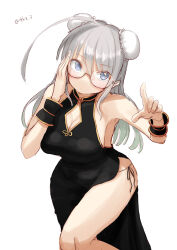  ahoge breasts bun_cover china_dress chinese_clothes cleavage_cutout clothing_cutout double_bun dress female glasses grey_eyes grey_hair hair_bun heywood_l._edwards_(kancolle) highres kantai_collection large_breasts leaning_forward long_hair one-hour_drawing_challenge side_slit sleeveless sleeveless_dress solo tetsukuzu_(yajirushi_shita) wrist_cuffs 