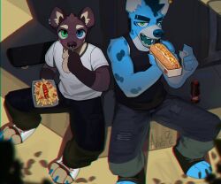  2024 absurd_res ankorthewolf anthro athletic athletic_anthro athletic_male biceps biped blue_body blue_eyes blue_fur brown_body brown_fur duo eating fast_food food fur green_eyes heterochromia hi_res hyena male mammal sandwich_(food) white_body white_fur 