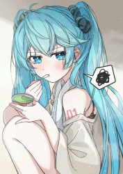  aqua_eyes aqua_hair black_bra blush bra bra_peek eating female from_side hatsune_miku highres holding holding_spoon hymgkamui knees_up looking_at_viewer messy_hair number_tattoo off-shoulder_shirt off_shoulder shirt shoulder_tattoo sitting solo speech_bubble spoken_squiggle spoon squiggle tattoo towel towel_around_neck underwear utensil_in_mouth vocaloid white_towel yogurt 