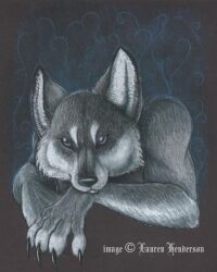  ambiguous_gender anthro black_claws black_nose blue_eyes bust_portrait canid canine canis claws finger_claws fur glistening glistening_claws grey_body grey_fur hunched_over lauren_henderson mammal portrait snout solo traditional_media_(artwork) wolf 