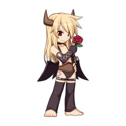  1boy barefoot black_gloves black_male_underwear black_wings blonde_hair brown_horns chibi chibi_only closed_mouth demon_boy demon_wings detached_pants elbow_gloves fingerless_gloves flower full_body gloves holding holding_flower horns incubus_(ragnarok_online) long_hair looking_at_viewer low_wings male_focus male_underwear official_art ragnarok_online red_eyes red_flower red_rose rose simple_background smile solo standing suspenders thigh_strap transparent_background underwear v-shaped_eyebrows wings yuichirou 