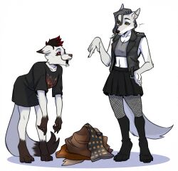  absurd_res anthro arctic_fox black_nose black_sclera bodily_fluids bottomless bottomwear canid canine canis changing_clothing claws clothed clothing cum cum_on_face dark_eyeshadow dark_hair drooling duo ear_piercing eyebrows eyeshadow facial_piercing female female/female fishnet_clothing fishnet_legwear footwear fox fur gas_mask genital_fluids gloves grey_body grey_fur hair handwear hi_res industrial_piercing landscape legwear looking_at_viewer makeup mammal mask narrowed_eyes nose_piercing nose_ring piercing red_hair ring_piercing saliva seductive septum_piercing sharing_clothing shaved_sides shirt shirt_only siara skirt standing tools topwear topwear_only true_fox weapon white_body white_fur wolf yellow_eyes 