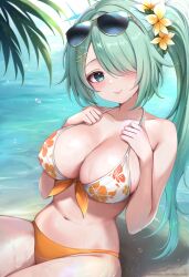  bare_arms bare_shoulders beach bikini blue_archive breasts cleavage closed_mouth collarbone eyewear_on_head female floral_print flower front-tie_bikini_top front-tie_top green_eyes green_hair hair_flower hair_ornament hair_over_one_eye hairclip halterneck hands_up highres hiyori_(blue_archive) hiyori_(swimsuit)_(blue_archive) large_breasts long_hair looking_at_viewer mismatched_bikini narijade navel official_alternate_costume official_art orange_bikini print_bikini side_ponytail sitting skindentation smile solo stomach string_bikini sunglasses swimsuit very_long_hair water wet white_bikini x_hair_ornament yellow-framed_eyewear 