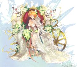  angel angel_wings blonde_hair bouquet bow_(weapon) bride da-kuro eros_(phantom_of_the_kill) female flower full_body hair_ornament high_heels highres holding looking_at_viewer open_mouth phantom_of_the_kill red_eyes see-through sitting solo weapon wheel wings 