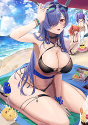  3girls azur_lane beach beach_mat bikini black_bikini blue_hair blue_sky cafenami cloud cloudy_sky commentary_request day eyewear_on_head hair_over_one_eye highres long_hair lotion magazine_(object) manjuu_(azur_lane) multiple_girls o-ring o-ring_bikini ocean official_alternate_costume open_mouth pola_(azur_lane) pola_(seaside_coincidence)_(azur_lane) purple_hair red_hair seiza side_ponytail sitting sky solo_focus standing sunscreen swimsuit thick_thighs thigh_strap thighhighs thighs trento_(azur_lane) trento_(summer&#039;s_hotness?)_(azur_lane) white_thighhighs yellow_bikini zara_(azur_lane) zara_(poolside_coincidence)_(azur_lane) 