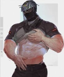  1boy abs bara call_of_duty call_of_duty:_modern_warfare_2 covered_face cowboy_shot gruhhhu helmet highres konig_(call_of_duty) large_pectorals male_focus mask mouth_veil multiple_scars muscular muscular_male pectorals scar simple_background solo sparse_arm_hair standing strongman_waist underpec undressing veil veins veiny_arms 