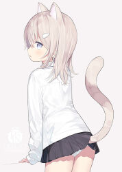  animal_ears artist_logo artist_name black_skirt blue_eyes capriccio cat_ears cat_girl cat_tail female from_behind grey_background hair_between_eyes long_sleeves looking_at_viewer looking_back medium_hair miniskirt open_mouth original panties shirt simple_background skirt solo tail tail_raised underwear white_hair white_panties white_shirt 