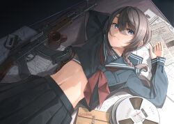  absurdres assault_rifle black_skirt blue_sailor_collar blue_shirt blueprint_(object) bra bra_peek braid breast_pocket buttoned_cuffs buttons cassette_tape closed_mouth coffee cowboy_shot cup dreadtie english_text envelope expressionless female frown grey_bra grey_hair gun hair_between_eyes handgun highres holster holstered kalashnikov_rifle long_sleeves looking_at_viewer lying makarov_pm manila_envelope mug navel neckerchief on_back original paper pleated_skirt pocket qr_code red_neckerchief rifle sailor_collar school_uniform serafuku shirt skirt solo stomach tape_recorder underwear weapon zastava_m70 