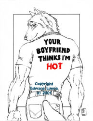  2001 anthro belt bottomwear canid canine clothed clothing edward_a_luena eyebrows fully_clothed fur furgonomic_bottomwear furgonomics half-length_portrait humanoid_hands looking_at_viewer looking_back looking_back_at_viewer male mammal muscular muscular_anthro muscular_male pants pen_(artwork) portrait rear_view shirt simple_background smile snout solo spot_color t-shirt text text_on_clothing text_on_shirt text_on_t-shirt text_on_topwear topwear traditional_media_(artwork) whisker_spots white_background 