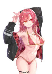  absurdres anklet arms_behind_head arms_up bikini breasts cleavage earrings female heterochromia highres hololive houshou_marine houshou_marine_(summer) jacket jewelry jokarara long_hair multicolored_eyes navel necklace red_bikini red_hair simple_background smile solo solo_focus swimsuit thighs virtual_youtuber white_background 