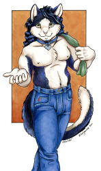  2001 anthro black_body black_fur black_hair blue_bottomwear blue_clothing blue_collar blue_jeans blue_pants bottomwear clothed clothing collar collar_tag denim denim_bottomwear denim_clothing domestic_cat felid feline felis fur green_towel hair heart_collar_tag humanoid_hands jeans looking_at_viewer male mammal navel nipples pants pecs pink_nose portrait reaching_towards_viewer shaded simple_background smile smiling_at_viewer solo standing tail three-quarter_portrait topless towel towel_on_shoulder traditional_media_(artwork) white_body white_fur white_inner_ear xianjaguar yellow_eyes 