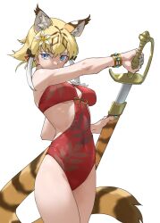  animal_ear_fluff animal_ears arm_up blonde_hair blue_eyes breasts brown_hair covered_navel drawing_sword extra_ears female fingernails flower hair_between_eyes hair_flower hair_ornament highres holding holding_sheath holding_sword holding_weapon jewelry kemono_friends kemono_friends_3 looking_at_viewer medium_bangs medium_breasts multicolored_hair nail_polish official_alternate_costume one-piece_swimsuit outstretched_arm red_one-piece_swimsuit saber_(weapon) scabbard sheath short_hair_with_long_locks simple_background smilodon_(kemono_friends) solo swimsuit sword tail tanabe_(fueisei) three_quarter_view underboob unsheathing weapon white_hair wristlet 