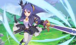  arm_armor belt black_choker black_footwear black_gloves black_skirt blue_hair breasts bush capelet choker cleavage cleavage_cutout clothing_cutout curled_horns demon_girl demon_horns dynamic_pose female flower full_body gloves grass highres holding holding_sword holding_weapon horns jewelry lius long_hair navel open_mouth outdoors pantyhose pencil_skirt princess_connect! purple_belt purple_capelet purple_eyes rei_(princess_connect!) rock skirt small_breasts solo sword weapon white_pantyhose 